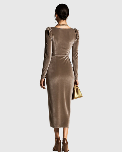 Velvet Draped Pleated Midi Dress