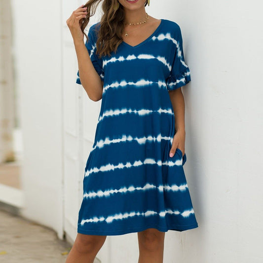 Summer Women Short Sleeve Loose Wavy Stripes Mini Dress