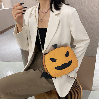 Funny Pumpkin Bat PU Crossbody Bag with Unique Cartoon Design