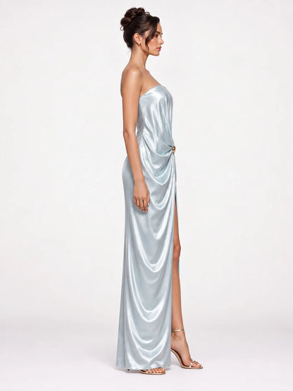 Olive Satin Pleated Strapless Maxi Dress