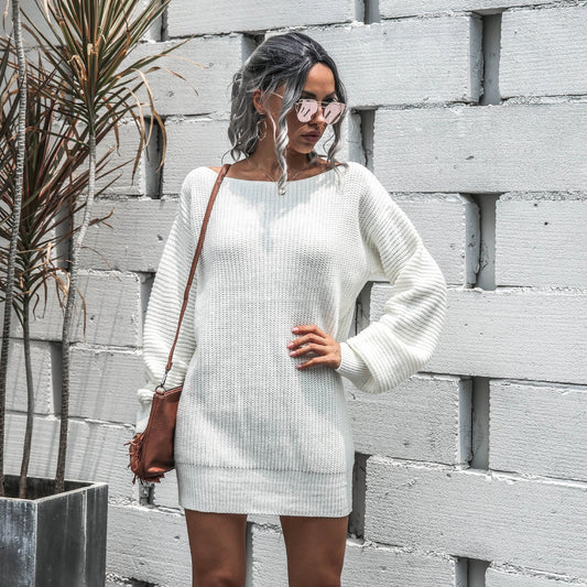 Autumn/Winter Casual Off-The-Shoulder Lantern Sleeve Knitted Sweater Dress