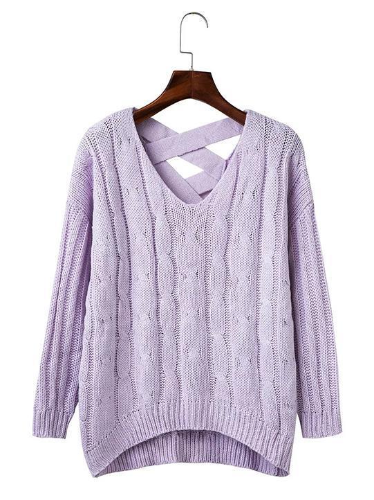 Knit Hollow Backlesslong Sleeve V-Neck Sweater