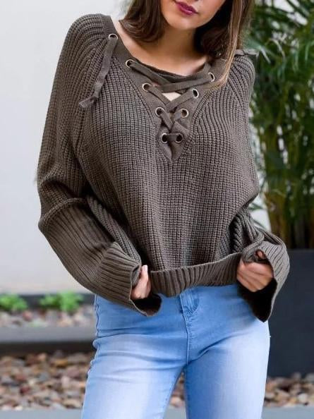 Asymmetric Solid Color V-Neck Lace-Up Loose Sweater Tops