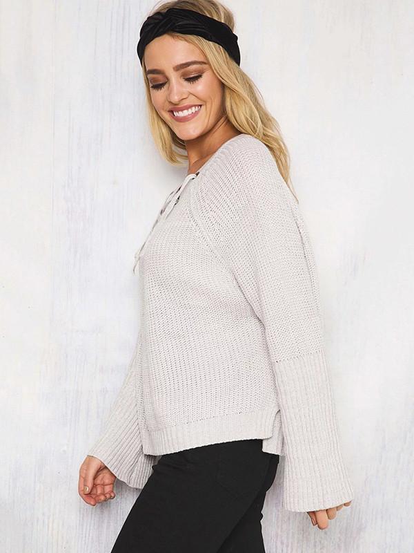 Asymmetric Solid Color V-Neck Lace-Up Loose Sweater Tops