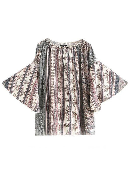 Printed Off-The-Shoulder Flared Sleeves Bohemia T-Shirt Tops