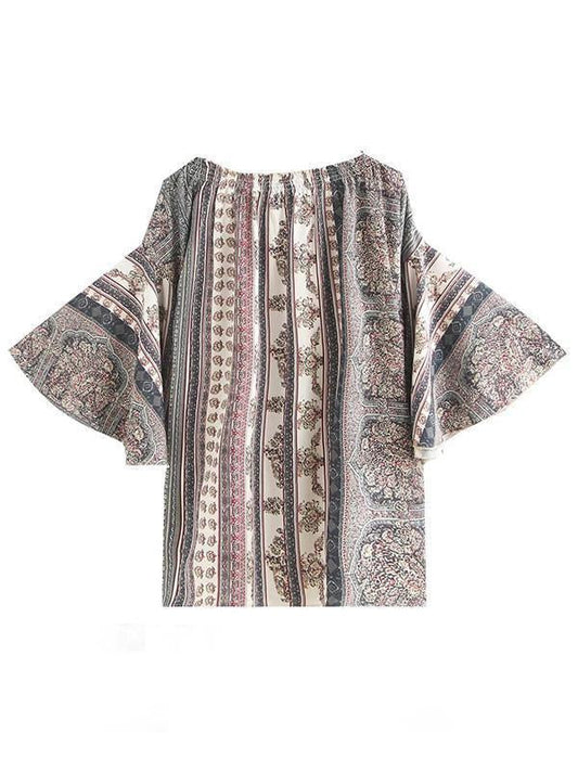 Printed Off-The-Shoulder Flared Sleeves Bohemia T-Shirt Tops