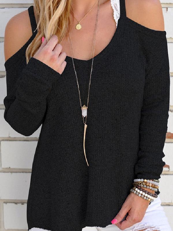 Solid Color Spaghetti-Neck Long Sleeve Knit Sweater Tops