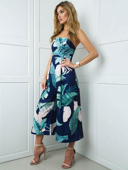 Leaves Printed Off-The-Shoulder Backless Long Jumpsuits