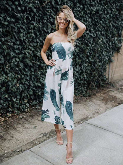 Leaves Printed Backless Off-The-Shoulder Long Jumpsuits