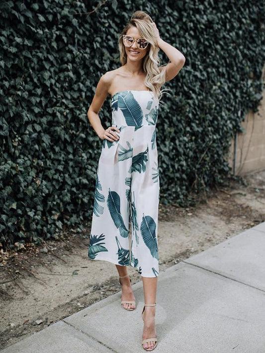 Leaves Printed Backless Off-The-Shoulder Long Jumpsuits