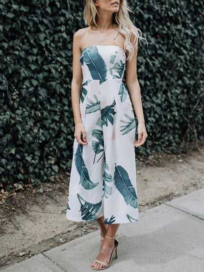 Leaves Printed Backless Off-The-Shoulder Long Jumpsuits