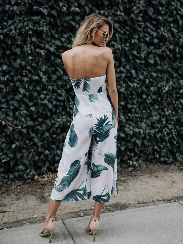 Leaves Printed Backless Off-The-Shoulder Long Jumpsuits