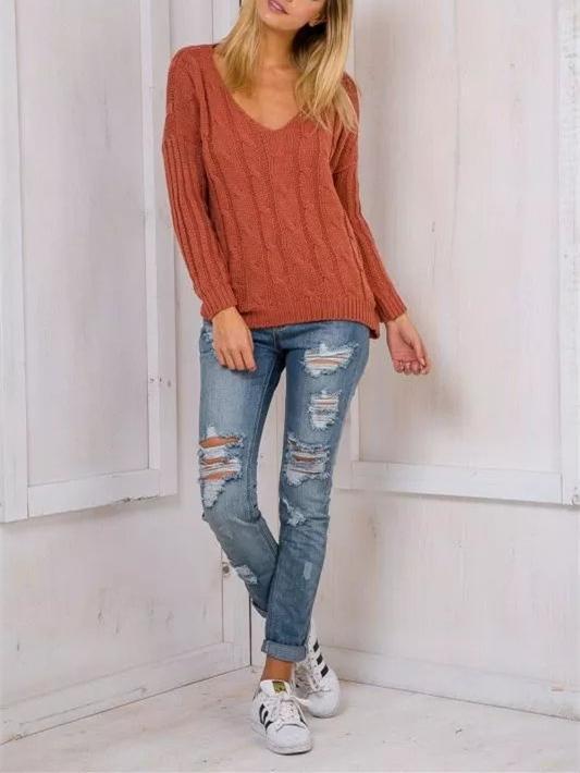 Knit Hollow Backlesslong Sleeve V-Neck Sweater