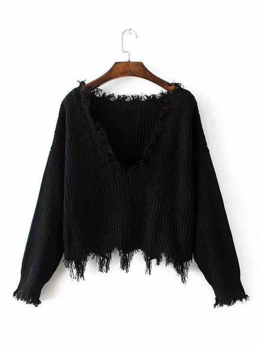 Knitting V-Neck Cropped Tasselled Sweater Tops