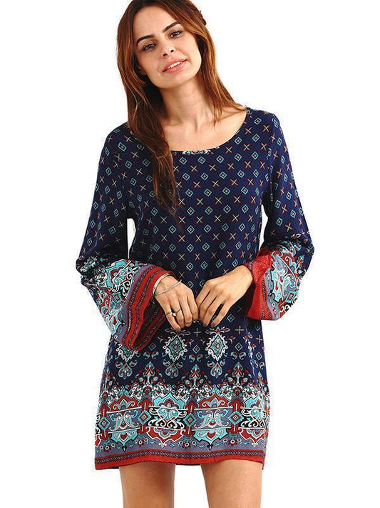 Vintage Printed Flared Sleeve Round-Neck Dress