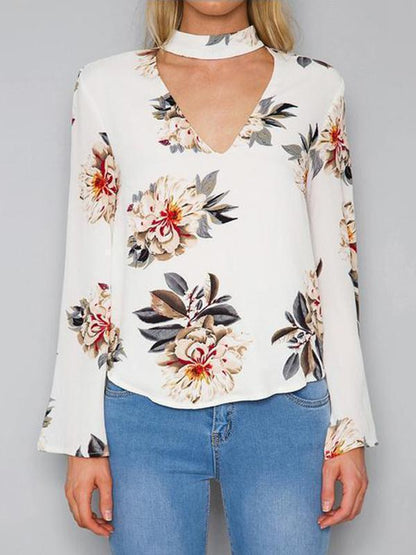 White Floral Print V-Neck Blouse&Shirt Tops