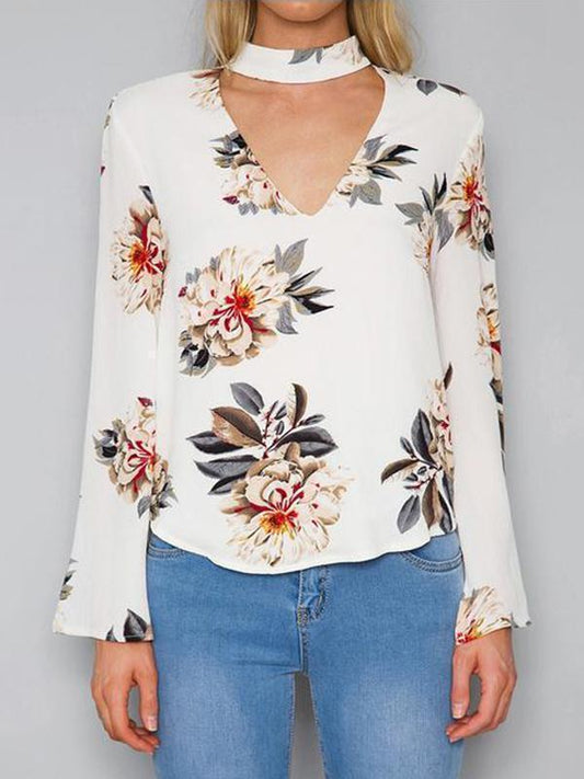 White Floral Print V-Neck Blouse&Shirt Tops