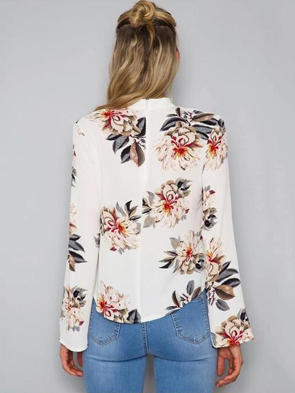 White Floral Print V-Neck Blouse&Shirt Tops