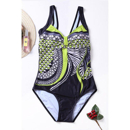 New Female High Waist One-Piece Swimsuit Chic Print V-Neck Sleeveless Slim Plus Size Sling One-Piece Swimwear