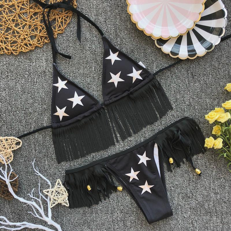 New Women Sexy Bikini Set Fringed Tassel Padded Star Print Swimwear