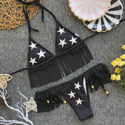 New Women Sexy Bikini Set Fringed Tassel Padded Star Print Swimwear