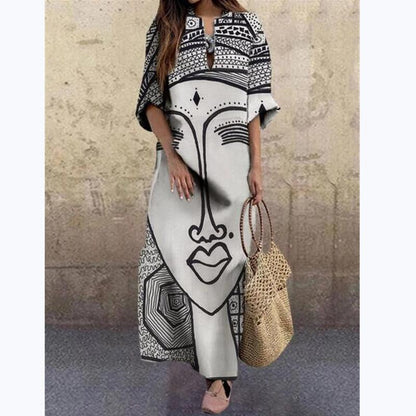 Art Black And White Print Spring And Summer New Women'S Fashion Face Print Loose Large Size Dress