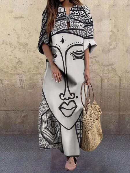 Art Black And White Print Spring And Summer New Women'S Fashion Face Print Loose Large Size Dress