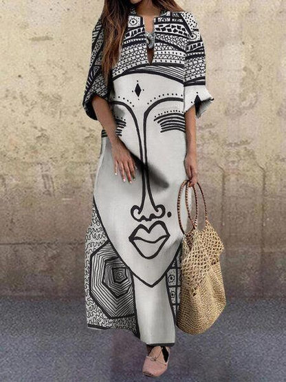 Art Black And White Print Spring And Summer New Women'S Fashion Face Print Loose Large Size Dress
