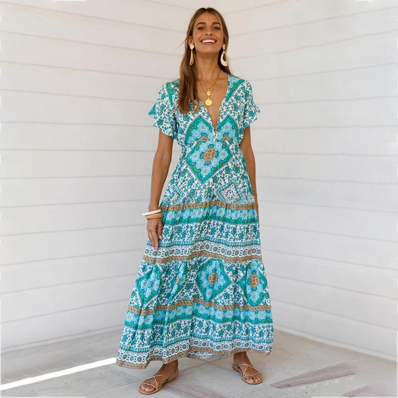 Designer Women'S Summer Holiday Dress Retro Printed V-Neck Long Dress
