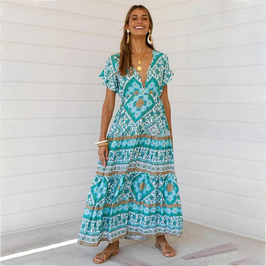 Designer Women'S Summer Holiday Dress Retro Printed V-Neck Long Dress