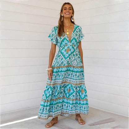 Designer Women'S Summer Holiday Dress Retro Printed V-Neck Long Dress