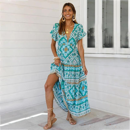 Designer Women'S Summer Holiday Dress Retro Printed V-Neck Long Dress