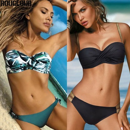 Printed Flowers Sexy Solid Color Bikini Women Swimwear Bandeau Biquini Swimsuit Female Bathing Suit Push Up Bikini Set Beachwear