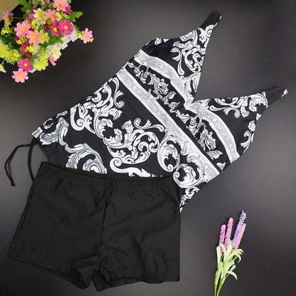 Two Piece Swimwear Women Plus Size Tankini Swimsuits With Shorts V Neck Tankinis Set Swim Wear Black Print Bathing Suit 2Xl