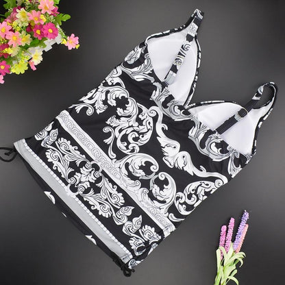 Two Piece Swimwear Women Plus Size Tankini Swimsuits With Shorts V Neck Tankinis Set Swim Wear Black Print Bathing Suit 2Xl