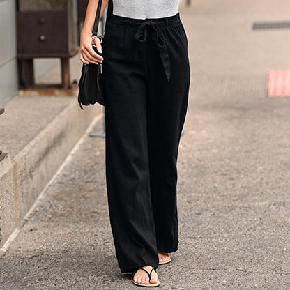 Women Pants Fashion Linen Cotton Solid Elastic Waist Trousers Female Plus Size Ankle-Length Trousers Summer Casual Pants