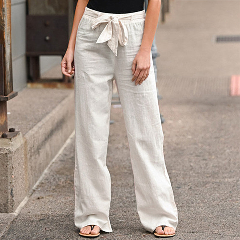 Women Pants Fashion Linen Cotton Solid Elastic Waist Trousers Female Plus Size Ankle-Length Trousers Summer Casual Pants