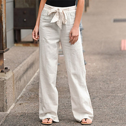 Women Pants Fashion Linen Cotton Solid Elastic Waist Trousers Female Plus Size Ankle-Length Trousers Summer Casual Pants