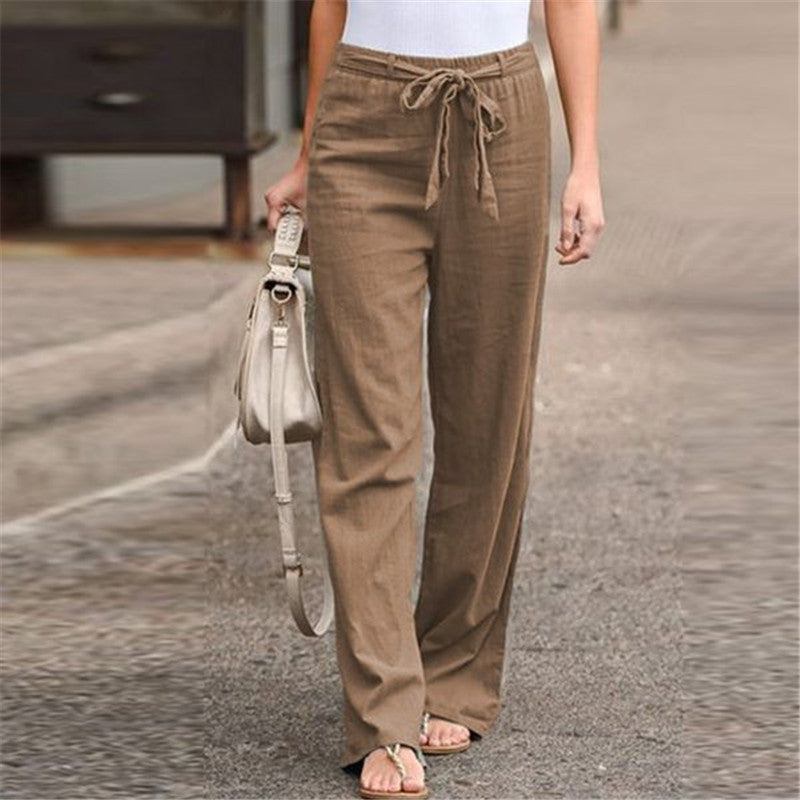 Women Pants Fashion Linen Cotton Solid Elastic Waist Trousers Female Plus Size Ankle-Length Trousers Summer Casual Pants