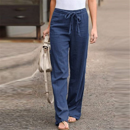Women Pants Fashion Linen Cotton Solid Elastic Waist Trousers Female Plus Size Ankle-Length Trousers Summer Casual Pants