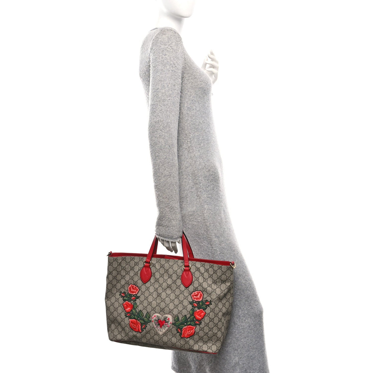 Soft GG Supreme Monogram Flowers Embroidered Crossbody Tote Beige Hibiscus Red
