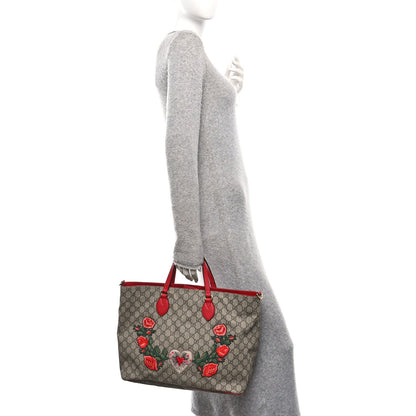 Soft GG Supreme Monogram Flowers Embroidered Crossbody Tote Beige Hibiscus Red