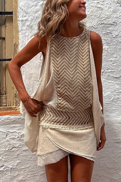 Isla Linen Blend Ethnic Print Knit Panel Loose Tank