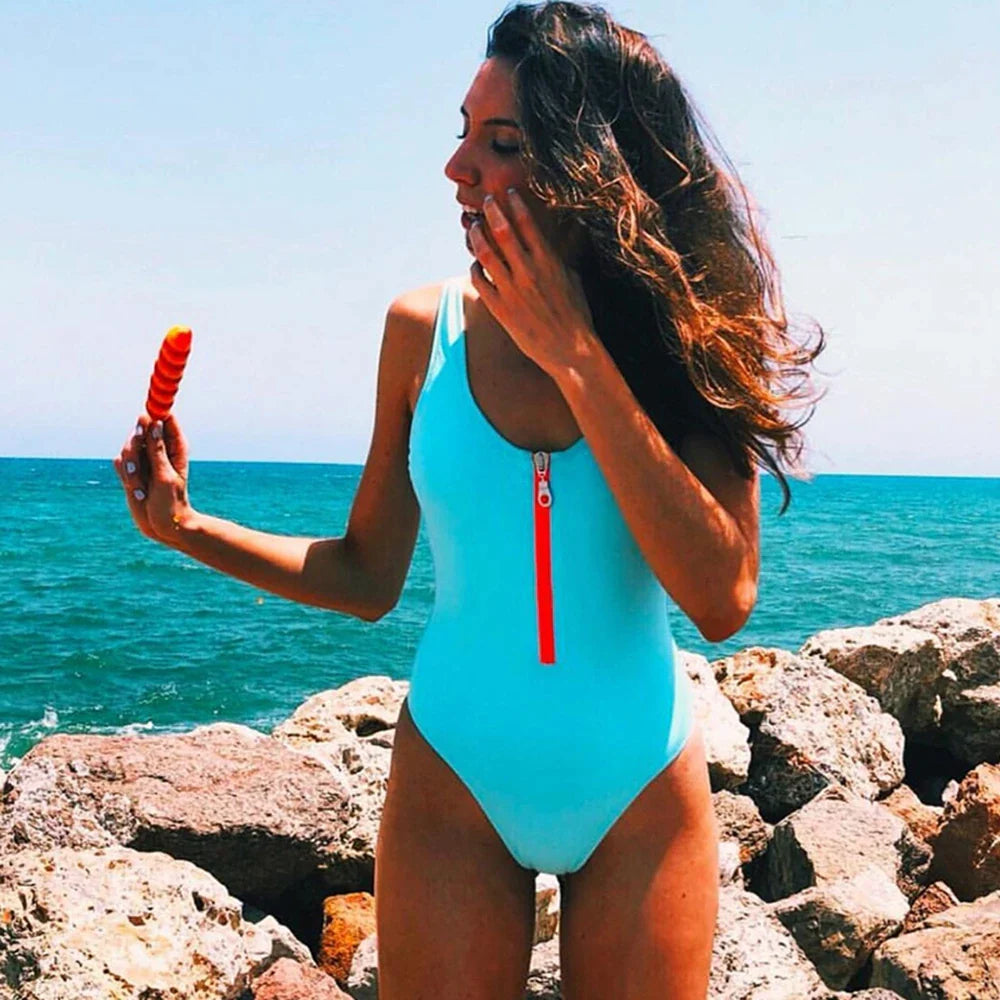 2023 New Sexy Zipper One Piece Swimsuit Women Solid Swimwear Bodysuit Swimsuit Push Up Monokini Bathing Suit Summer Beachwear Xl