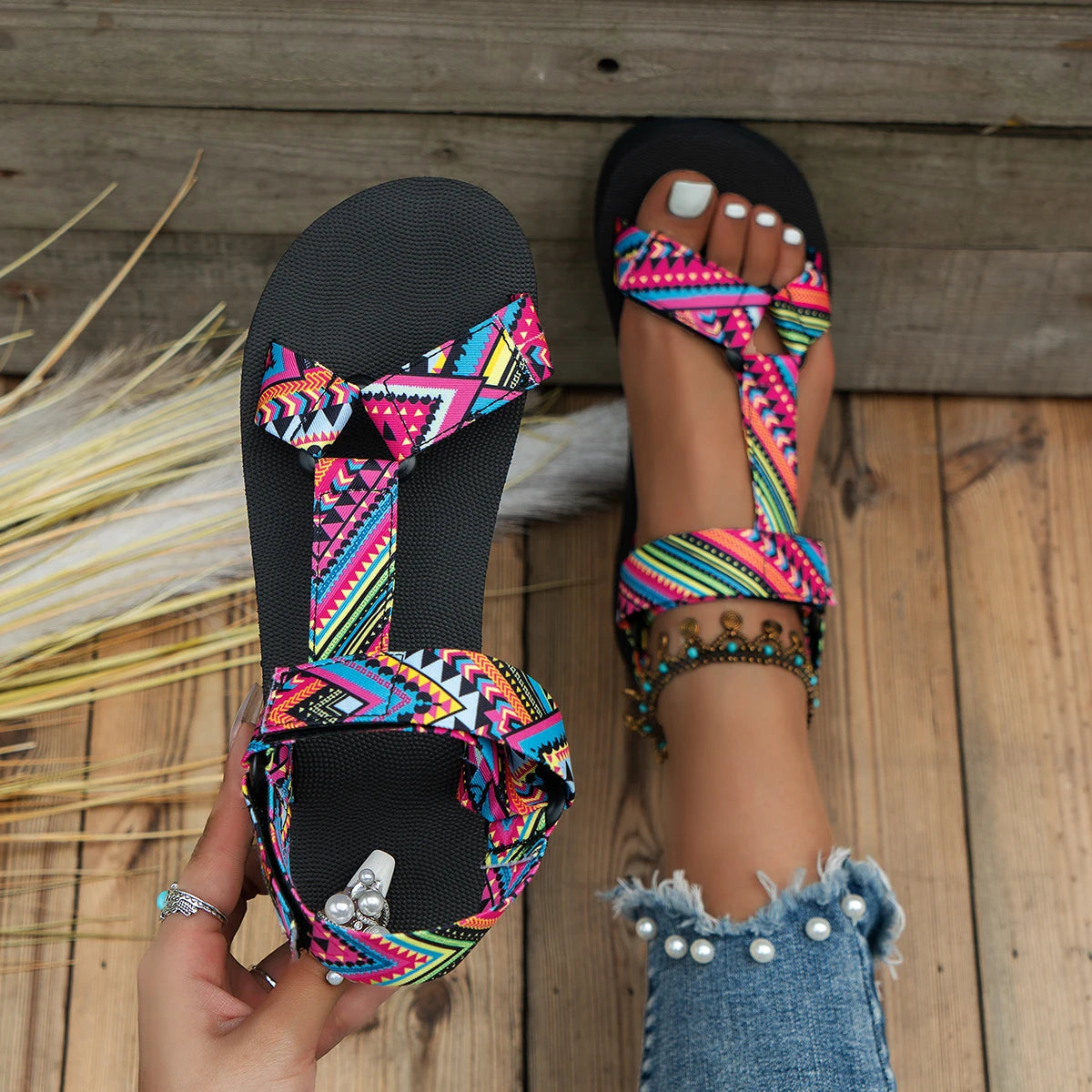 2023 Summer Flat Women'S Shoes Hemp Rope Set Foot Beach Sandals Outdoor All-Match Casual Slippers Large Size Women Sandals