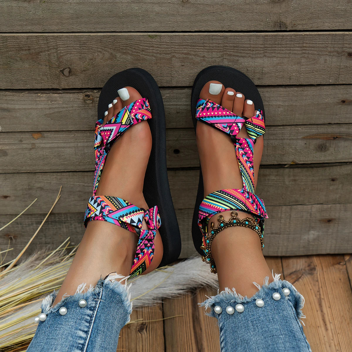 2023 Summer Flat Women'S Shoes Hemp Rope Set Foot Beach Sandals Outdoor All-Match Casual Slippers Large Size Women Sandals