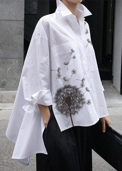 Natural White Floral Peter Pan Collar Low High Design Button Pockets Cotton Shirts Long Sleeve