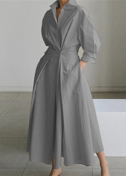 2025 Beige Peter Pan Collar Pockets Cotton Dress Long Sleeve