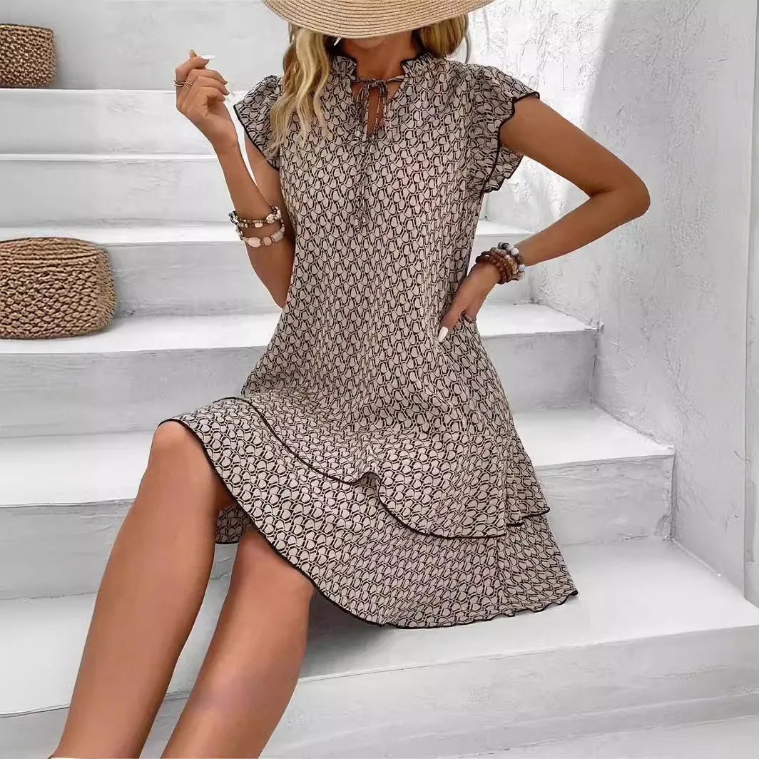 2024 Elegant Women'S Casual Loose Ruffle Mini Dress Bohemian Printed V-Neck Lace-Up Small Flying Sleeve Dresses For Women