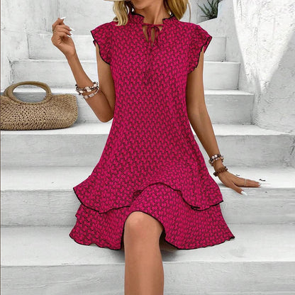 2024 Elegant Women'S Casual Loose Ruffle Mini Dress Bohemian Printed V-Neck Lace-Up Small Flying Sleeve Dresses For Women